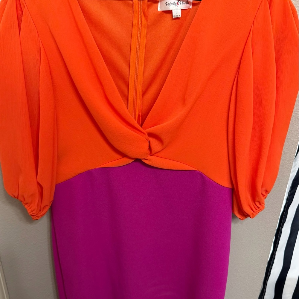 Colorblock Twist-Front Long Sleeve Dress in Orange and Magenta